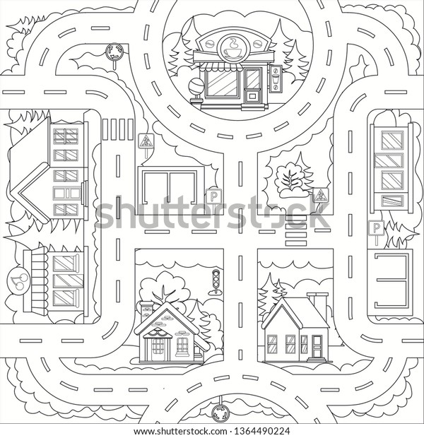 Coloring Page Drawing City Road Building Stock Vector (Royalty Free ...