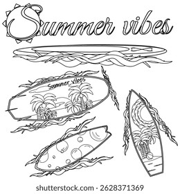 Coloring page with drawing a scene of surfboards on ocean waves, and sun. Summer vibes. For entertaining, holiday and vacation banner, black and white design for coastline, summertime, sports, outdoor