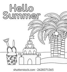 Coloring page drawing a scene of a tropical coastline with palm trees, coconuts, sand castle, bucket and scoops for children to play activity. Hello Summer. For entertaining, beach, summertime banner.
