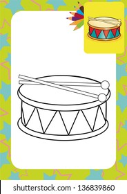 Coloring page. Drum and drumsticks. Vector illustration
