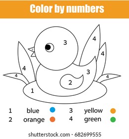 Coloring page with duck bird. Color by numbers educational children game, drawing kids activity. Animals theme