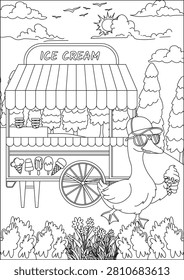 coloring page duck eating ice cream in summer wearing sunglasses and hat line art vector design