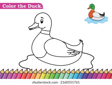 Coloring page for Duck vector illustration. 
Kindergarten children Coloring pages activity worksheet with funny big eyes Duck cartoon. 
Duck isolated on white background for color books.