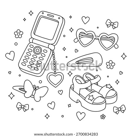 Coloring page of early 2000s girly items in cozy doodle style. Coloring page of early 2000s girly items with Flip phone, Butterfly hair clips, Heart shaped sunglasses, Platform sandals.