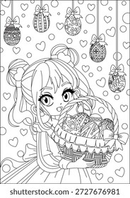 Página de cores cesta de Páscoa Anime Chibi menina contorno preto e branco vetor