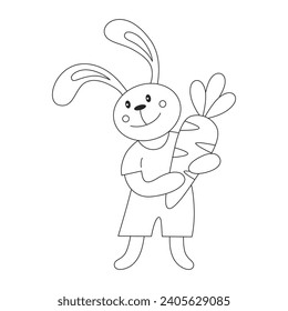Coloring page with Easter bunny and carrot in his paws. Black and white game for kids. Children education or animals theme. Cartoon isolated vector illustration. 