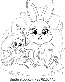 Página para colorear. Conejo de Pascua y Pollito con Huevos de Pascua