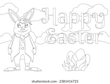 Coloring page. An Easter Bunny dressed in a jacket and trousers stands right on the field and in front of him are eggs in the grass. Horizontal banner with green meadow and text Happy Easter.