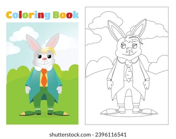 Coloring page. An Easter Bunny dressed in a jacket and trousers stands right on the field and in front of him are eggs in the grass. Green meadow and blue sky.
