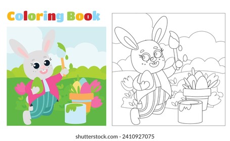 Colorido de la página. El conejito de Pascua está vestido con pantalones y una camisa, tiene un cepillo en las patas y pinturas de huevos decorativos. El animal estará en un prado verde.