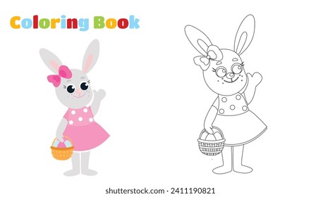 Coloring page. The Easter bunny is dressed in a dress and holds a basket with decorative eggs in his paws. Festive illustration in cartoon style.