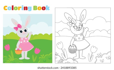 Coloring page. The Easter bunny is dressed in a dress and holds a basket with decorative eggs in his paws on a green meadow. Festive illustration in cartoon style.