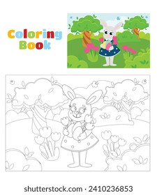 Coloring page. Easter bunny girl in a dress stands in the middle of a green meadow. The bunny is holding decorative eggs and flowers. Illustration of a scene in a cartoon style.