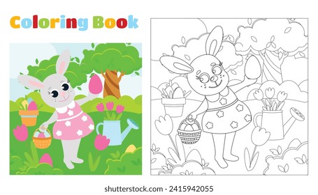 Coloring page. The Easter Bunny The girl stands among the green meadow. The bunny holds a basket with decorative eggs. Illustration in cartoon style.