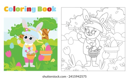 Colorido de la página. El conejo de Pascua La chica está entre la pradera verde. El conejo tiene una cesta con huevos decorativos.