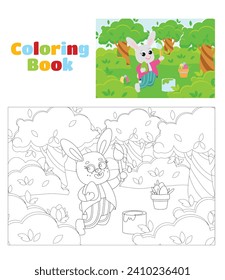Coloring page. The Easter bunny is holding a brush in his paws in the middle of a green meadow. Bunny paints decorative eggs. Illustration of a scene in a cartoon style.