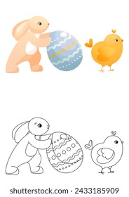 Coloring page, the Easter bunny is pushing an Easter egg and a cute chicken is walking ahead. Children's coloring book with a color example. Coloring book, practice sheet for school or kindergarten.