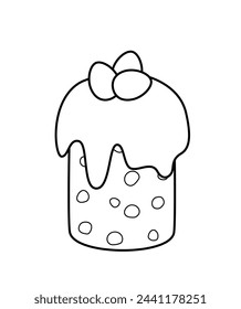 Coloring page Easter cake decorated eggs. Black and white Easter cake and eggs. Color me. Isolated vector illustration eps