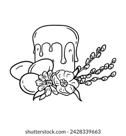 Coloring page Easter cake, eggs, flowers and willow branches. Black and white vector illustration. Greeting card.