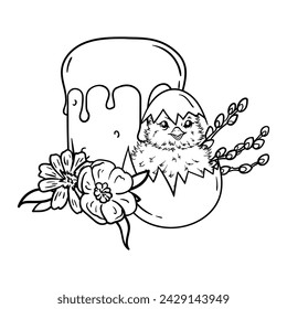 Coloring page with Easter cake, newborn chick, flowers and willow branches. Black and white illustration.