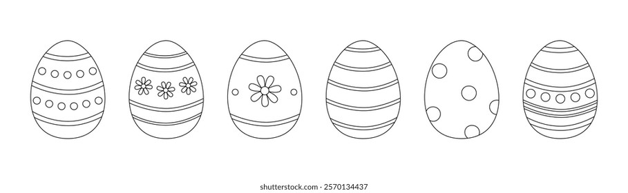 Coloring page with easter eggs set. Decorated eggs with stripes, polka dots and daisies. Spring holiday outline set. Coloring book for print. Vector illustration isolated on white background