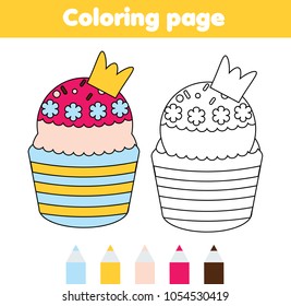 Coloring page. Educational children game. Yummy princess cupcake. Drawing printable activity for kids, toddlers