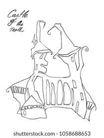 Coloring page. Educational children game. The trolls castle, fairy princess palace. Drawing printable activity for kids, toddlers. Cartoon abstract building
