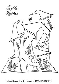 Coloring page. Educational children game. The spider witch castle, fairy princess palace. Drawing printable activity for kids, toddlers. Cartoon abstract building
