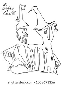Coloring page. Educational children game. The witch castle, fairy princess palace. Drawing printable activity for kids, toddlers. Cartoon abstract building