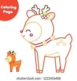 Coloring page. Educational children game. Color Christmas deer. Drawing printable activity for kids, toddlers