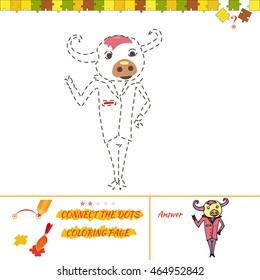 Coloring page educational children game. Drawing game for kids and coloring page. Cartoon Illustration of Drawing Educational Task for Preschool Children with cow