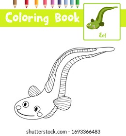 Coloring page of Eel animals cartoon character for preschool kids activity educational worksheet. Vector Illustration.