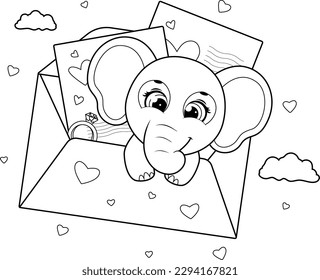 Coloring page. Elephant in an envelope Marry me with love letters and a diamond ring