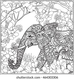 Coloring page with elephant in forest. Coloring book for adult and older children. Vector illustration. Outline drawing. 