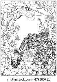 Coloring page with elephant in forest. Coloring book for adult and older children. Vector illustration. Outline drawing. 