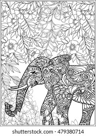 Coloring page with elephant in forest. Coloring book for adult and older children. Vector illustration. Outline drawing. 