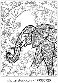 Coloring page with elephant in forest. Coloring book for adult and older children. Vector illustration. Outline drawing. 