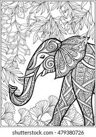 Coloring page with elephant in forest. Coloring book for adult and older children. Vector illustration. Outline drawing. 