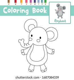 Coloring page of Elephant standing on two legs animals cartoon character for preschool kids activity educational worksheet. Vector Illustration.