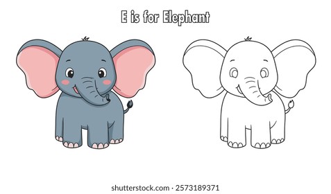 Coloring Page of Elephant and written E is for Elephant on white background.