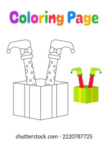 Coloring page with Elf feet with gift box for kids