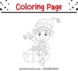 Coloring page elf with gift box