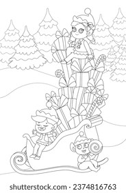 Coloring page. Elves near Santa's sleigh. The festive transport is loaded to the brim with gifts. Children are joyful and happy. Festive illustration in cartoon style.