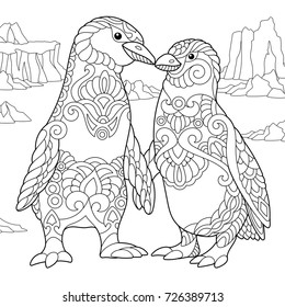 Coloring page of emperor penguins couple in love. Freehand sketch drawing for adult antistress coloring book in zentangle style.