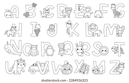 Coloring page with English alphabet letters. Cute animals, birds, food and objects. Funny ABC for kids. Children education. Kawaii cartoon characters. Coloring book. Vector illustration.