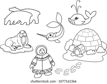 Coloring page. Eskimo in national clothes, igloo and different cartoon animals of polar fauna