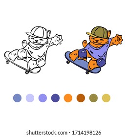 Farbseite mit einem Beispiel für die Färbung. Die Katze ist Skateboarder. Vektorillustration. Einzeln auf weißem Hintergrund.