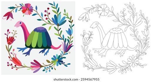 Coloring page, example for coloring, composition with flowers and animals in Mexican style