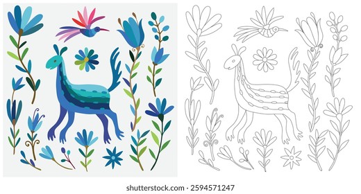 Coloring page, example for coloring, composition with flowers and animals in Mexican style