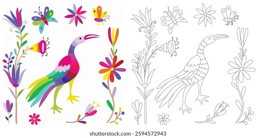 Coloring page, example for coloring, composition with flowers and animals in Mexican style